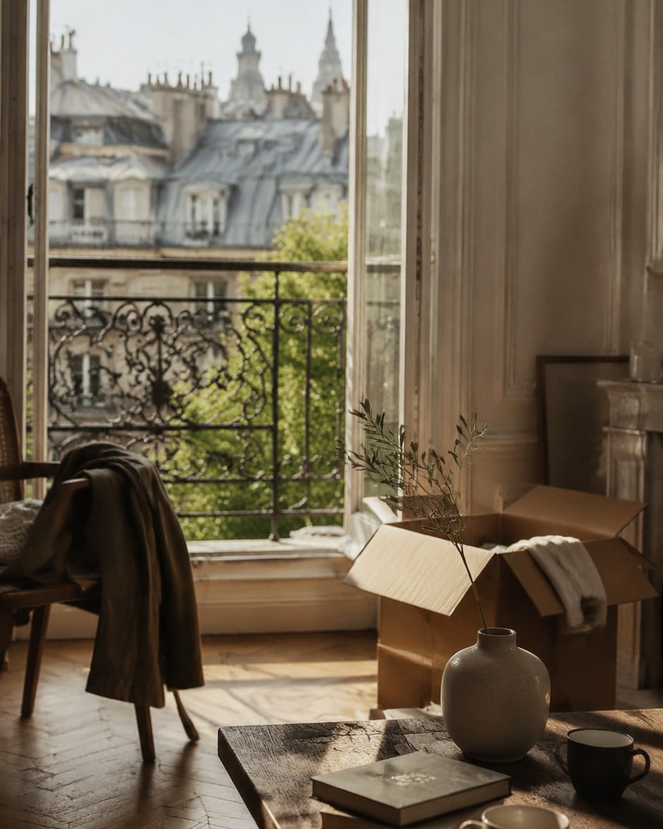 Salon parisien avec vue sur les toits, carton de déménagement et branche d'olivier