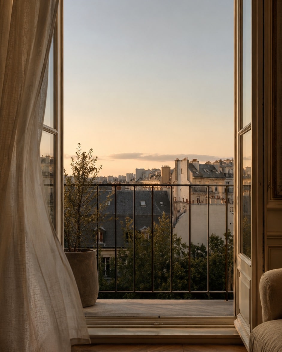 Vue depuis un balcon parisien au coucher du soleil sur les toits