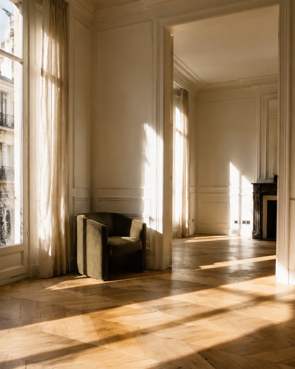 Enfilade d'un appartement haussmannien vide, fauteuil olive et parquet en chevrons